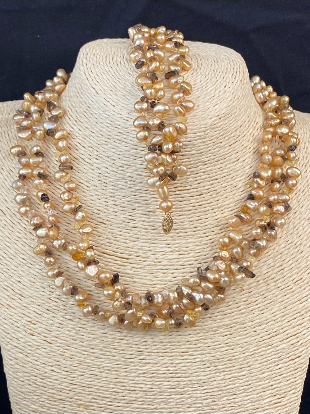 14K Clasp Pearl Citrine Smoky Quartz Gemstone Necklace Bracelet Set 89 grams